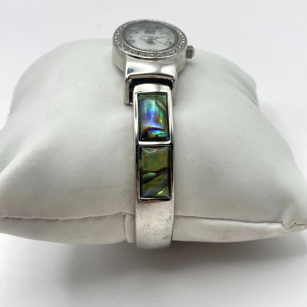 Studio Time Women's Watch 20mm Abalone Silver Tone MOP Crystals Cuff New Battery